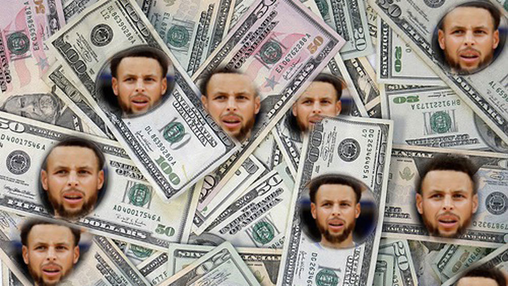 Montaje con la cara de Curry en los billetes de dolar