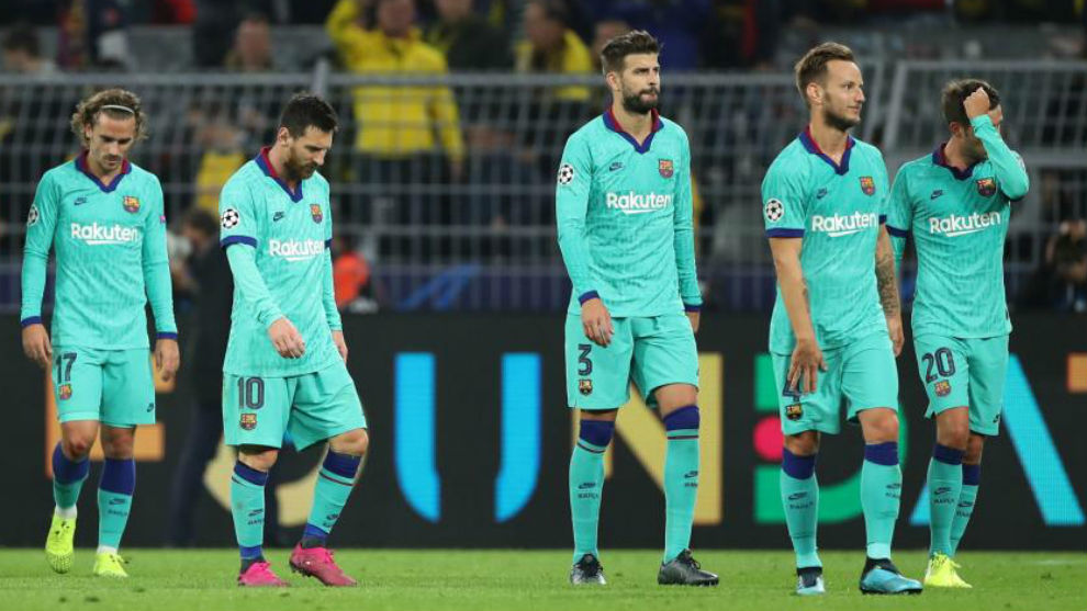 Barcelona&apos;s players after the 0-0 draw away to Borussia Dortmund in...