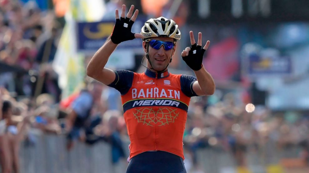 Nibali celebra un triunfo con el Bahrain Merida, su anterior equipo.