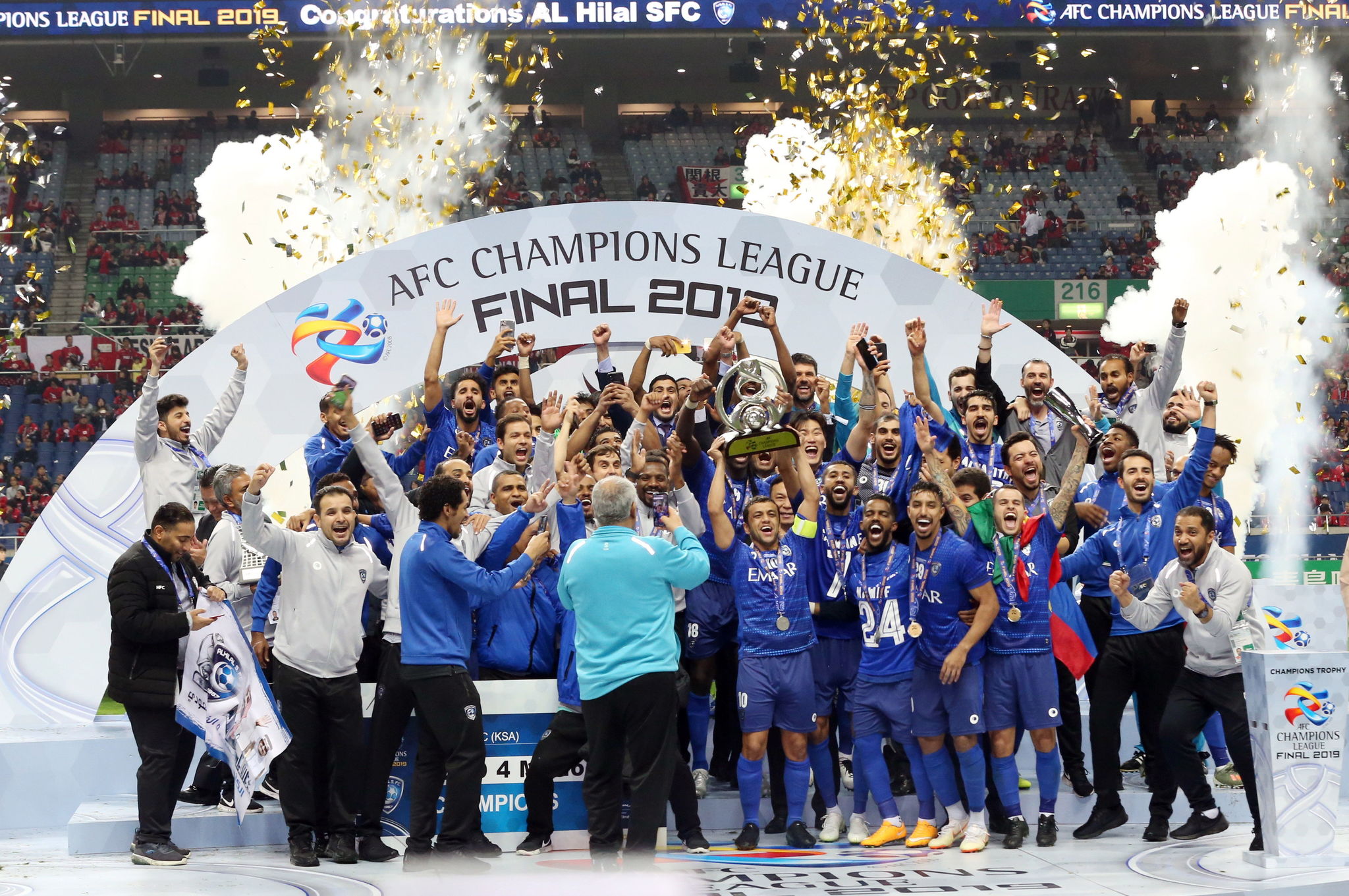 Saitama (Japan), 24/11/2019.- Al-<HIT>Hilal</HIT> players celebrate on the podium following their victory in the second leg of the AFC Champions League final soccer match between Japans Urawa Red Diamonds and Saudis Al-<HIT>Hilal</HIT> in Saitama, north of Tokyo, Japan, 24 November 2019. Al-<HIT>Hilal</HIT> won the Asian club title. (Liga de Campeones, Japn, Tokio) EFE/EPA/JIJI PRESS JAPAN OUT EDITORIAL USE ONLY/ NO ARCHIVES