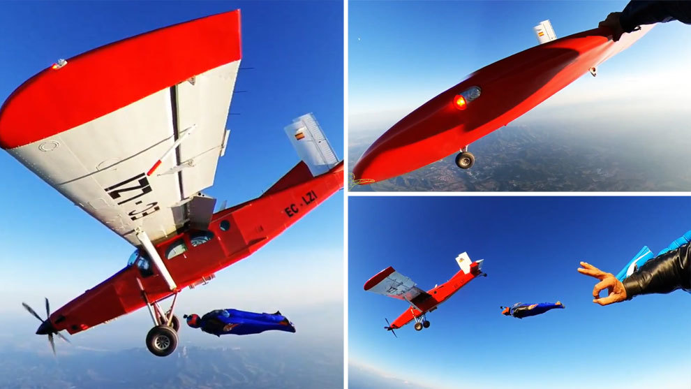 El alucinante vuelo en paralelo a una avin de dos paracaidistas: hasta tocan un ala!