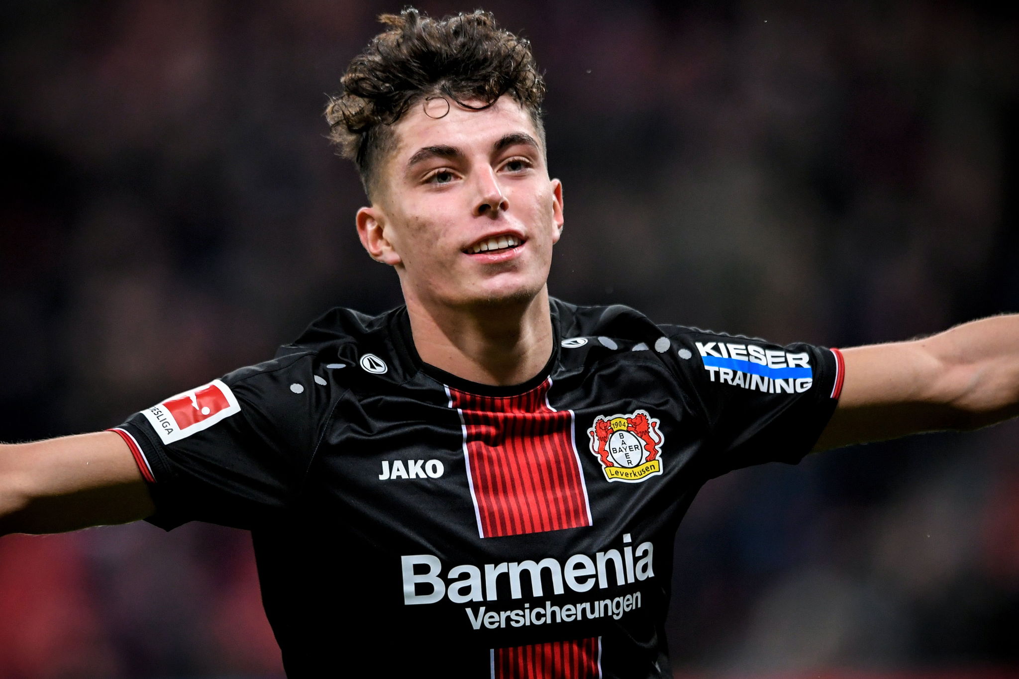 Leverkusen (Germany), 22/12/2018.- Leverkusens Kai <HIT>Havertz</HIT> celebrates after scoring the 3-1 lead during the German Bundesliga soccer match between Bayer Leverkusen and Hertha BSC in Leverkusen, Germany, 22 December 2018. (Alemania) EFE/EPA/SASCHA STEINBACH CONDITIONS - ATTENTION: The DFL regulations prohibit any use of photographs as image sequences and/or quasi-video