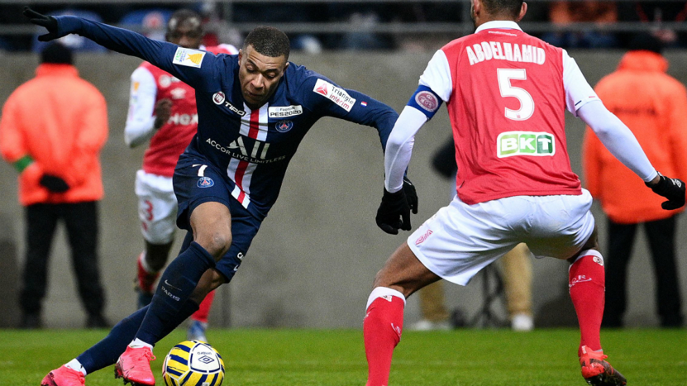 Mbapp, durante un lance del partido contra el Reims