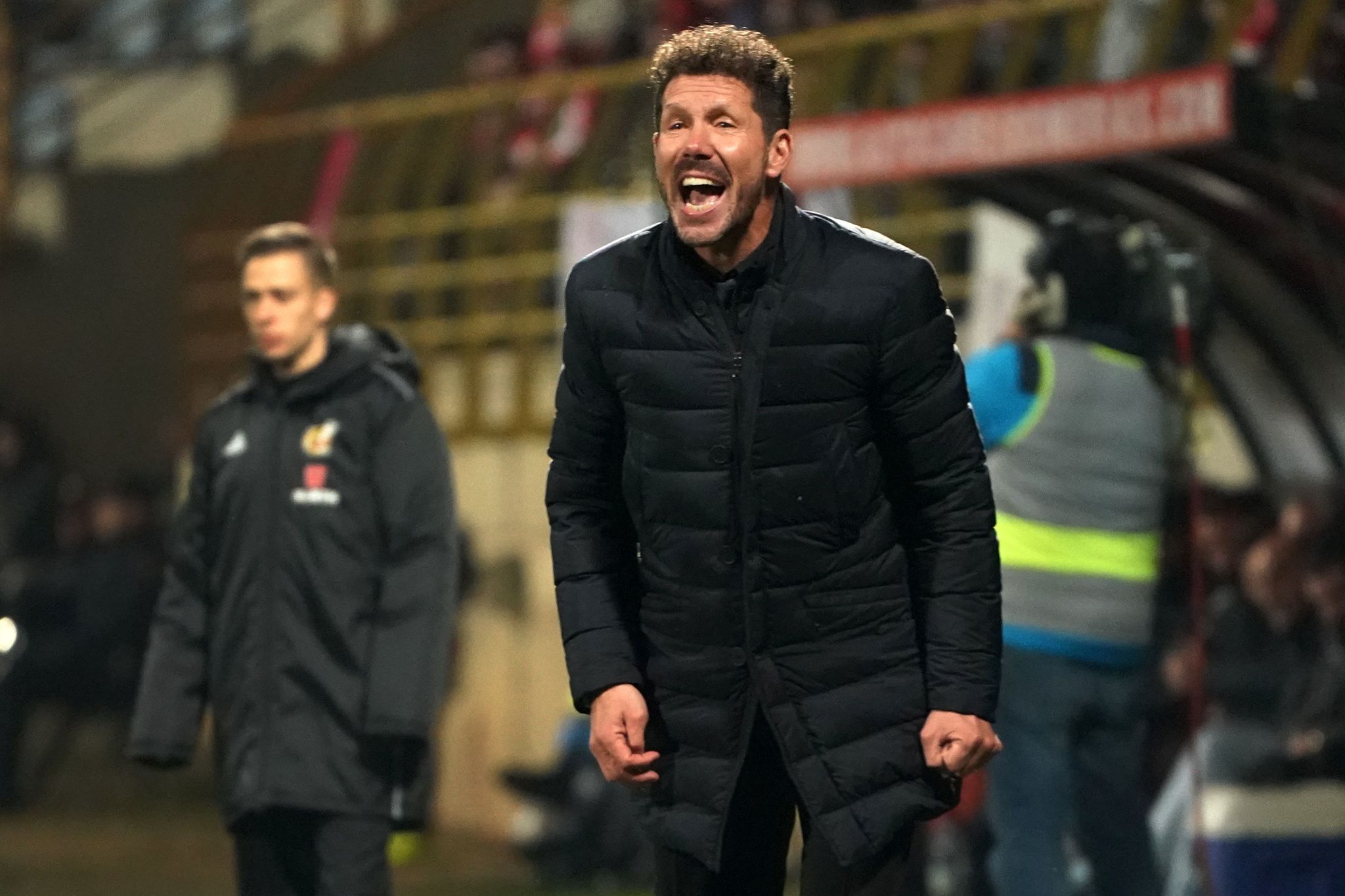 Atletico Madrids Argentinian coach Diego <HIT>Simeone</HIT> reacts during the Copa del Rey (Kings Cup) football match between Cultural Leonesa and Club Atletico de Madrid at the Reino de Leon stadium in Leon, on January 23, 2020. (Photo by CESAR MANSO / AFP)