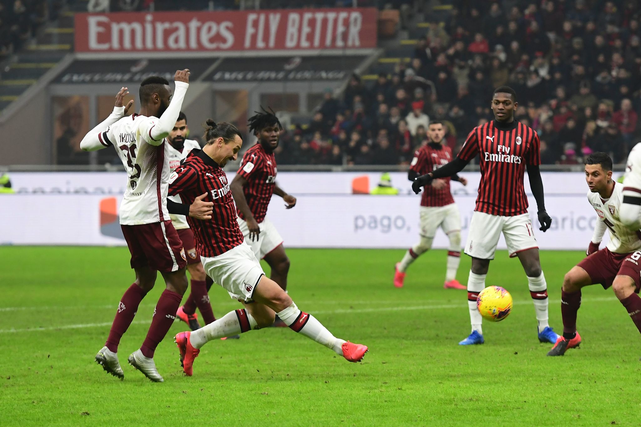 AC Milans Swedish forward Zlatan <HIT>Ibrahimovic</HIT> shoots and score his teams fourth goal during the Italian Cup ((Coppa Italia) round of 8 football match between AC Milan and Torino on January 28, 2020 at the san Siro stadium in Milan. (Photo by MIGUEL MEDINA / AFP)