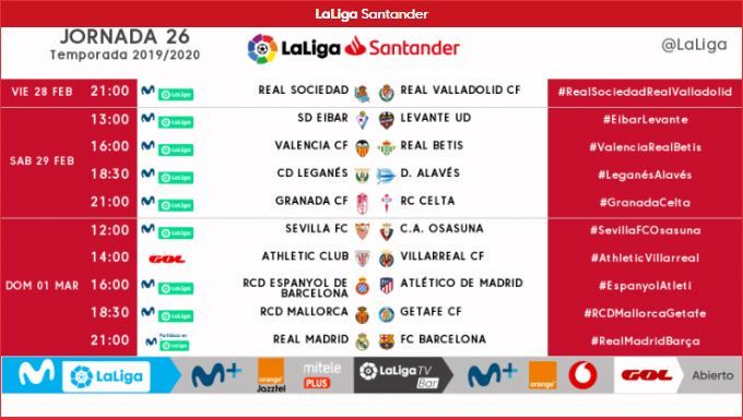 LaLiga Santander - 20: Horarios jornada 26: LaLiga hace oficial que el Madrid-Barcelona será el 1 de marzo |