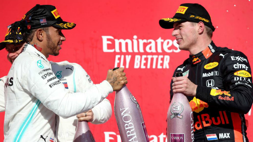 Hamilton y Verstappen, juntos en un podio en 2019.