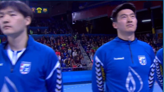 Los jugadores chinos del Zagreb, durante la presentacin de los...