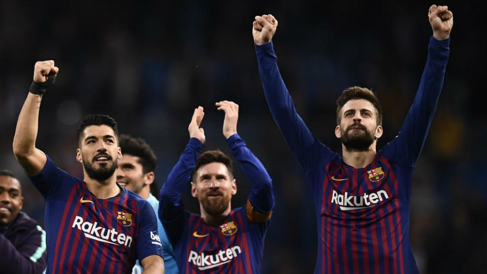 Luis Suarez, Messi and Pique at the Bernabeu during the 2018/19 season...