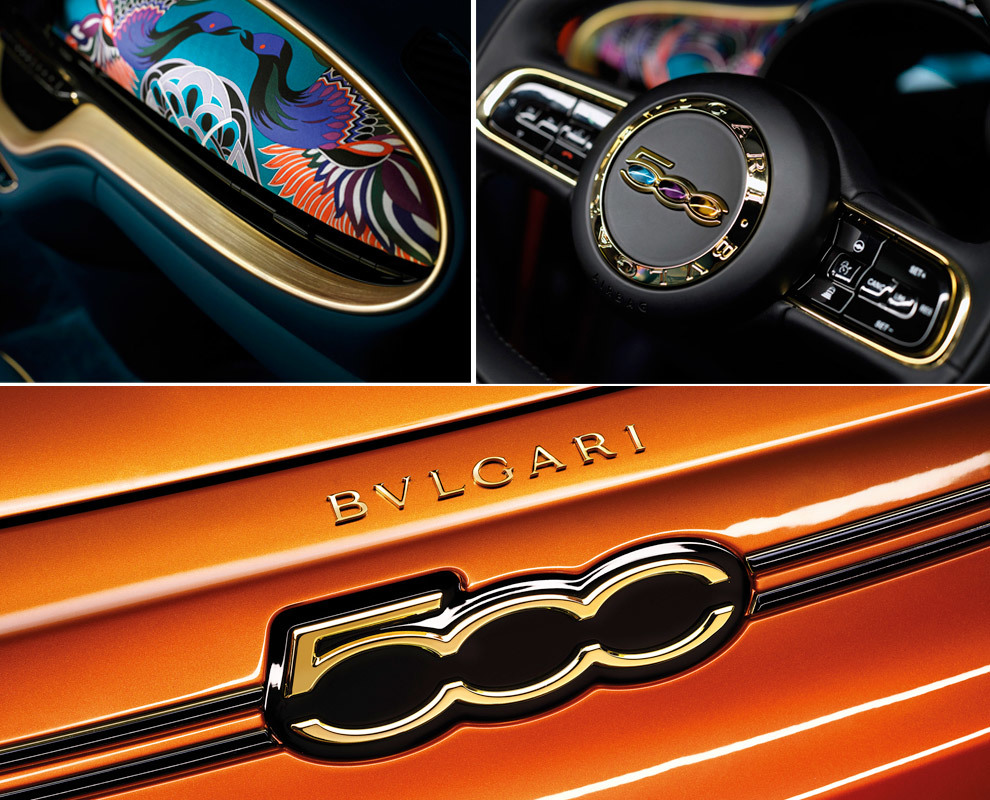 El 500 by Bvlgari incluye polvo de oro en la pintura y piedras preciosas en el volante. 