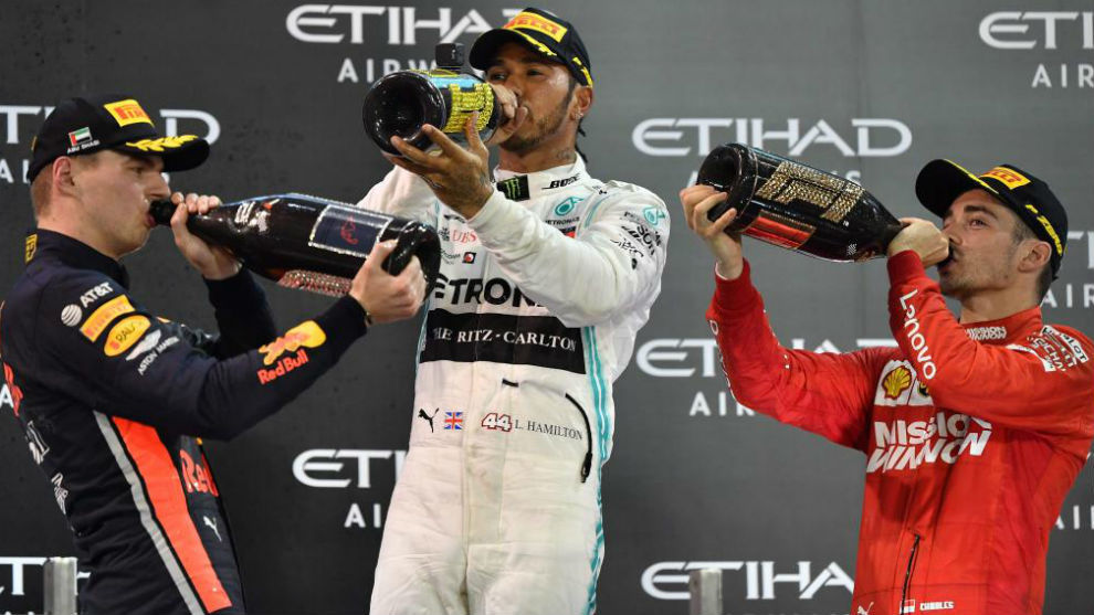 Verstappen, Hamilton y Leclerc, en un podio en 2019.