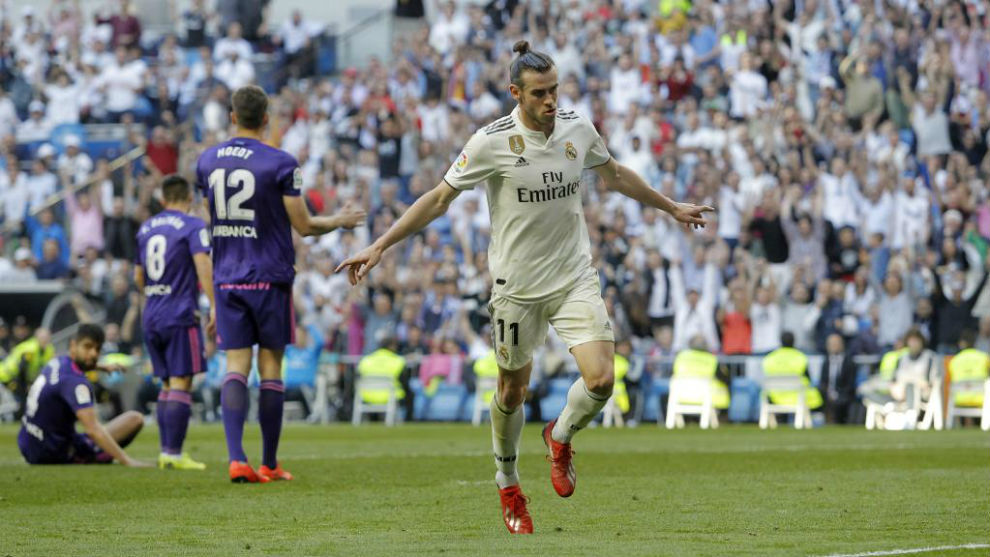 Bale celebra su último gol en el Bernabéu, ante el Celta el 16 de...