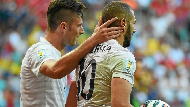Giroud y Benzema, durante un partido de Francia en el Mundial 2014