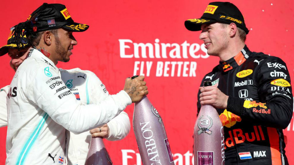 Hamilton y Verstappen, en el podio de Texas 2019.