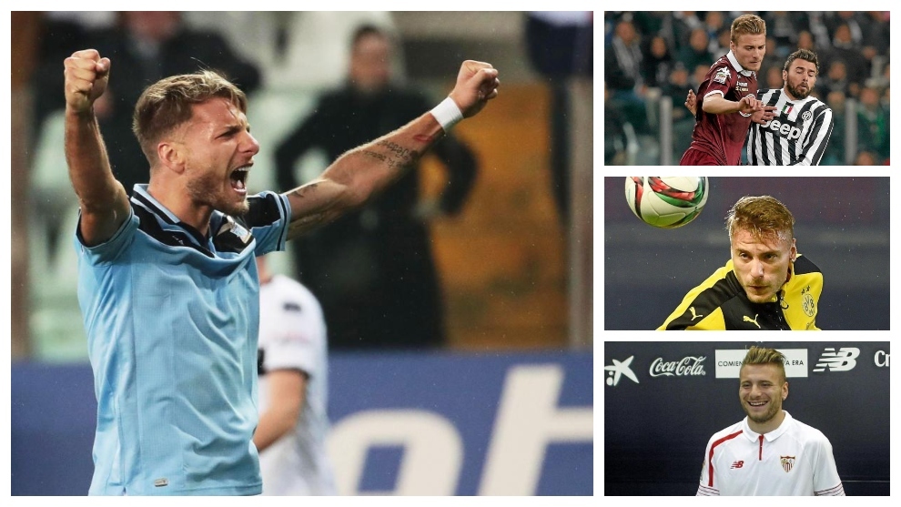 A la izquierda, Immobile celebra un gol con la Lazio. A la derecha, con Torino, Dortmund y Sevilla