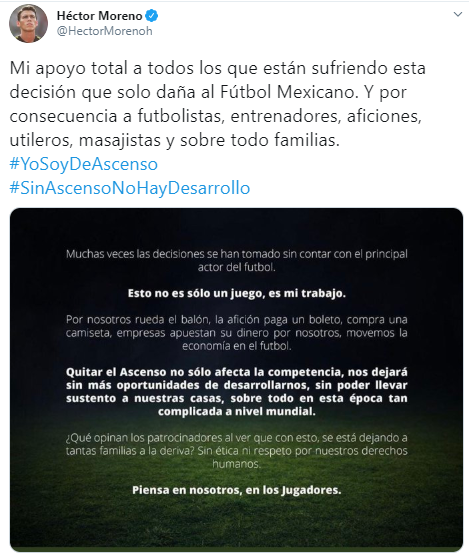 Carlos Vela y jugadores de primera división se manifiestan en contra de la desaparición del Ascenso