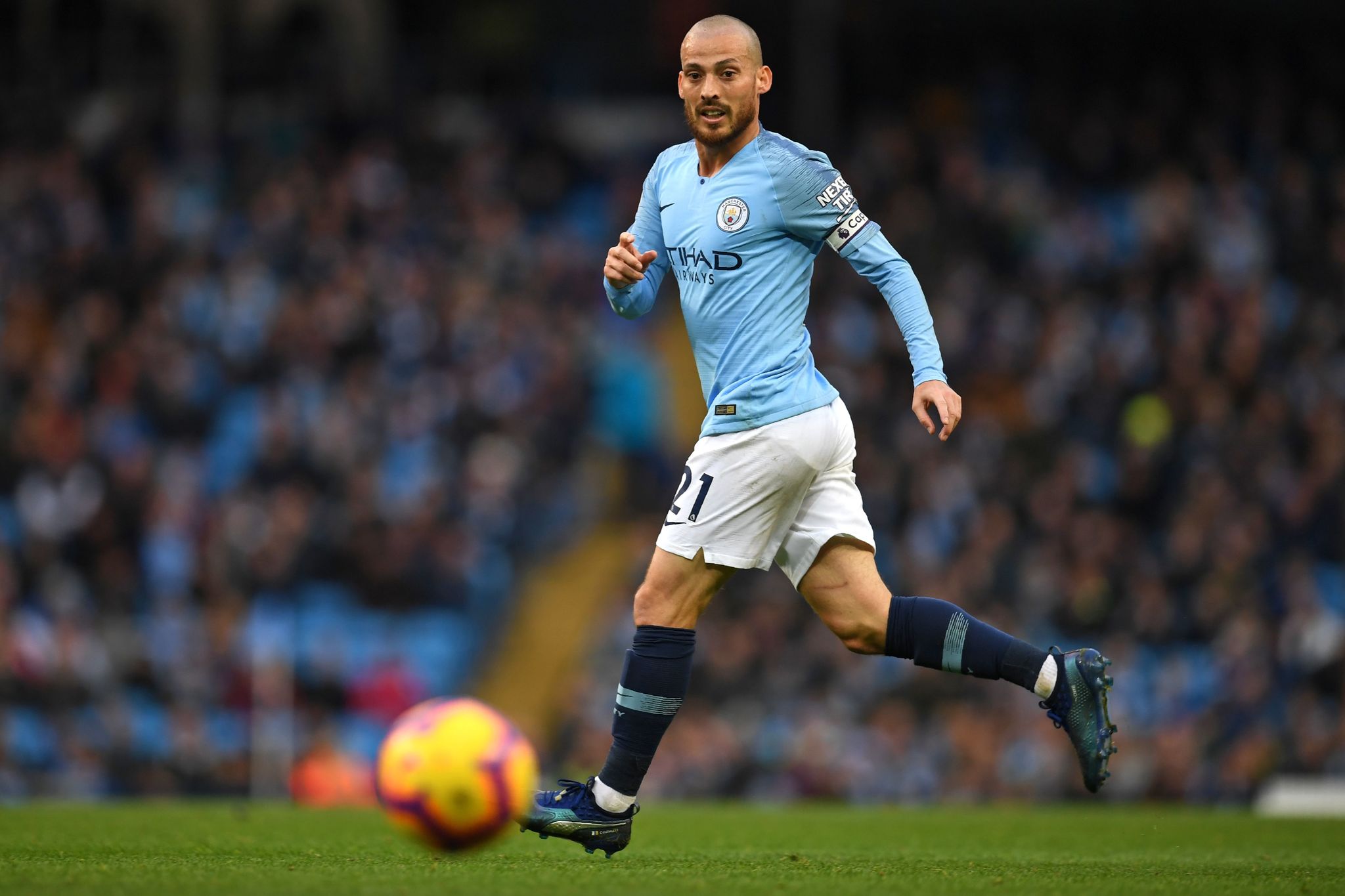 Manchester Citys Spanish midfielder lt;HIT gt;David lt;/HIT gt; lt;HIT gt;Silva lt;/HIT gt; watches the ball during the English Premier League football match between Manchester City and Southampton at the Etihad Stadium in Manchester, north west England, on November 4, 2018. (Photo by Paul ELLIS / AFP) / RESTRICTED TO EDITORIAL USE. No use with unauthorized audio, video, data, fixture lists, club/league logos or live services. Online in-match use limited to 120 images. An additional 40 images may be used in extra time. No video emulation. Social media in-match use limited to 120 images. An additional 40 images may be used in extra time. No use in betting publications, games or single club/league/player publications. /