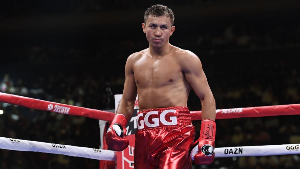 == FOR NEWSPAPERS, INTERNET, TELCOS    TELEVISION USE ONLY == NEW YORK, NEW YORK - JUNE 08: Gennady lt;HIT gt;Golovkin lt;/HIT gt; of Kazakhstan looks on during his Super Middleweights fight against Steve Rolls of Canada at Madison Square Garden on June 08, 2019 in New York City. Sarah Stier/Getty Images/AFP