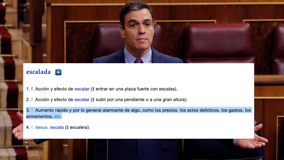 Pedro Sánchez, en el congreso. Sobrepuesta, una imagen del DRAE con...