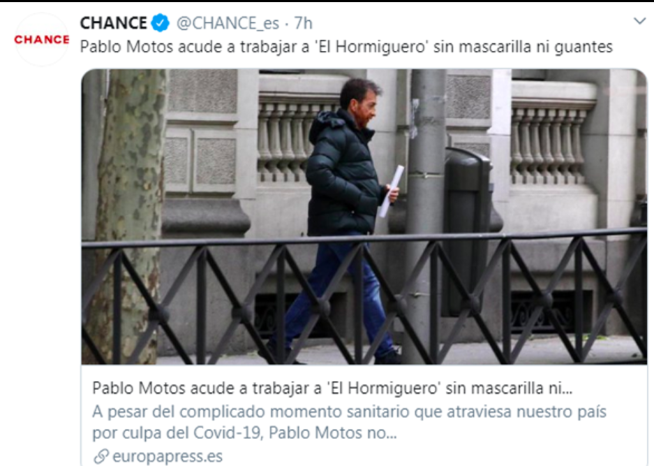 Tuit de Chance, de Europa Press, con la imagen de Pablo Motos yendo a...
