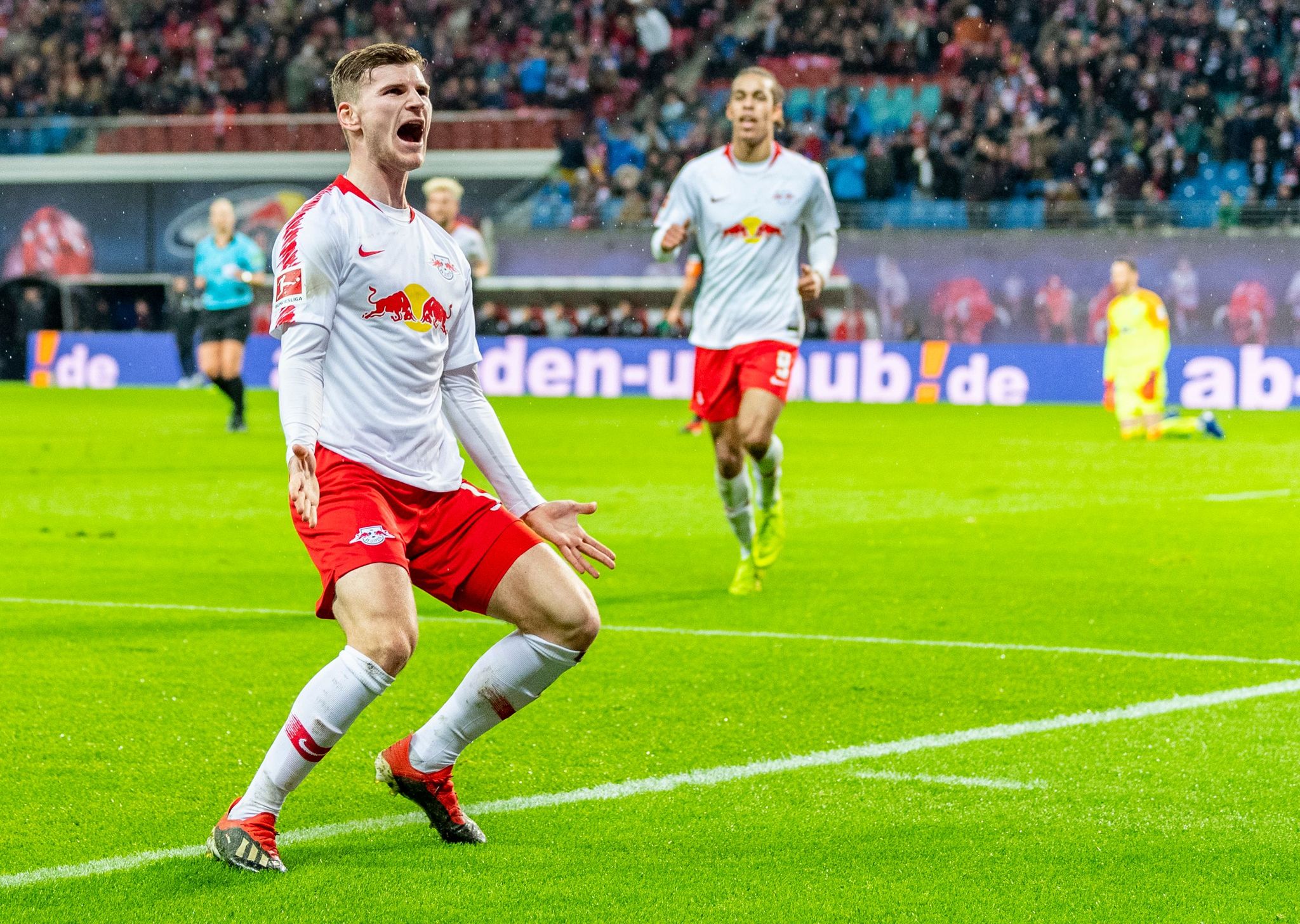 Leipzigs forward Timo lt;HIT gt;Werner lt;/HIT gt; celebrates scoring during the German first division Bundesliga football match between RB Leipzig and Werder Bremen in Leipzig, eastern Germany on December 22, 2018. (Photo by ROBERT MICHAEL / AFP) / RESTRICTIONS: DFL REGULATIONS PROHIBIT ANY USE OF PHOTOGRAPHS AS IMAGE SEQUENCES AND/OR QUASI-VIDEO