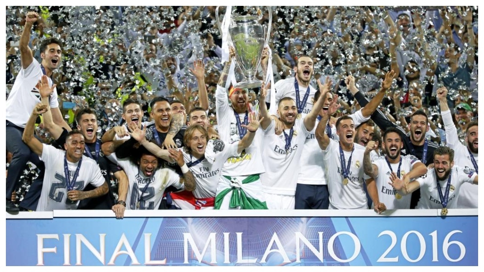 Sergio Ramos lifting the Champions League in Milan.