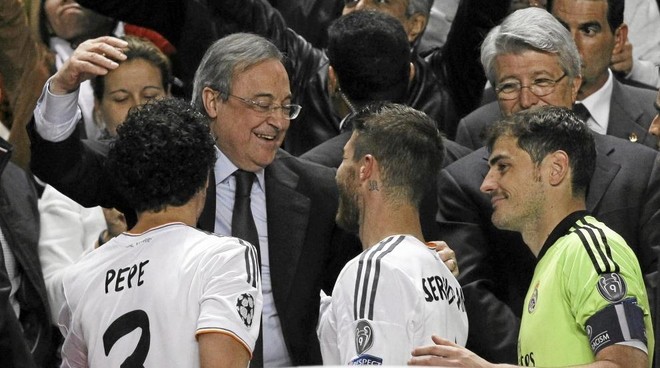 Florentino Perez congratulates Sergio Ramos after La Decima win.