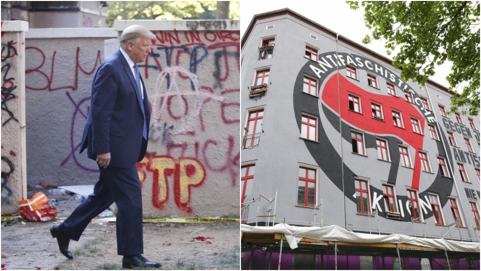 Un edificio en Berln pintado con el emblema de Antifa, al que Donald...
