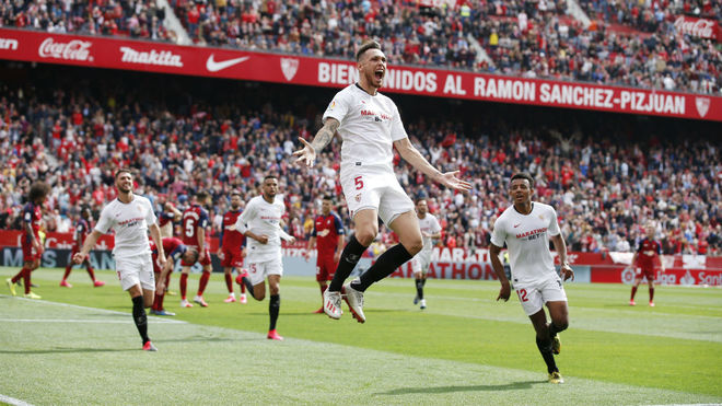 Ocampos celebra su noveno gol en LaLiga.