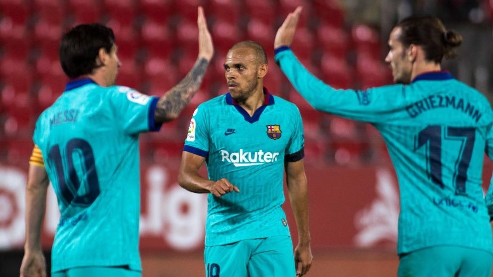 Messi, Griezmann y Braithwaite en el partido del Barcelona en Mallorca