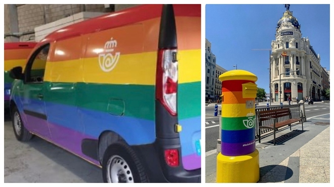 La furgoneta y un buzón de Madrid de Correos con decoración...