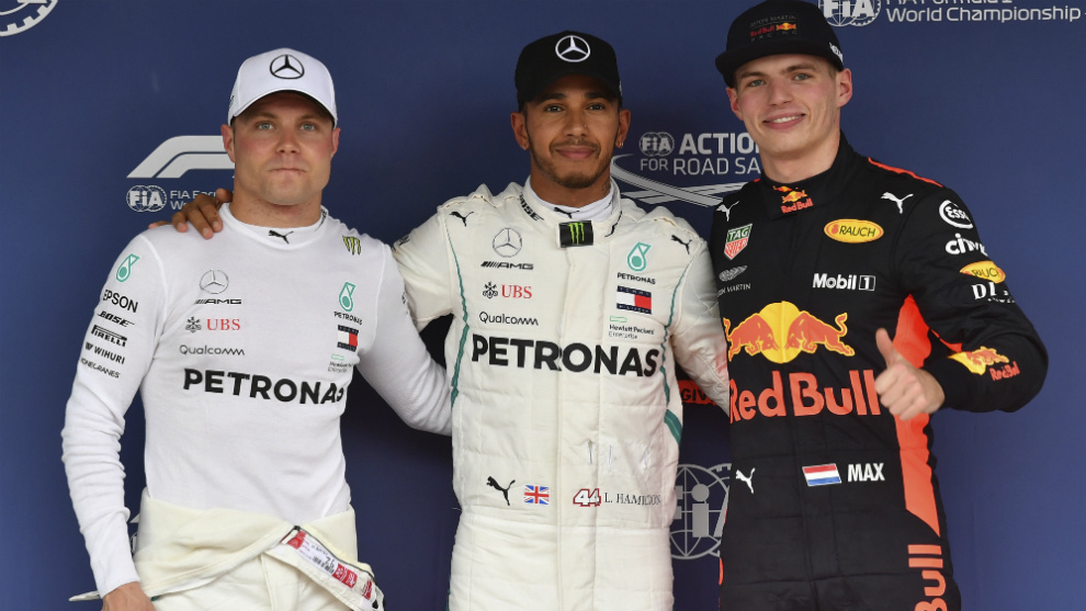 Bottas, Hamilton y Verstappen.