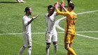 Los jugadores del Real Madrid, Ramos, Courtois y Casemiro celebran la...