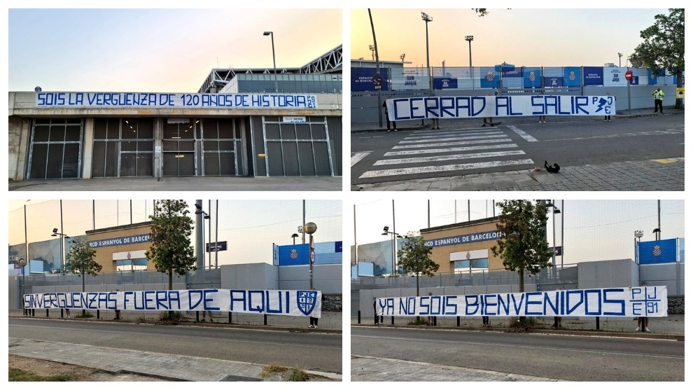 Pancartas en la fachada de a Ciudad Deportiva y el RCDE Stadium
