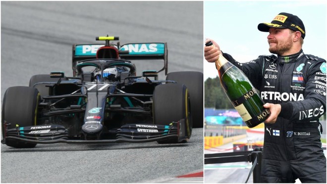 El Mercedes de Bottas, y el piloto en el podio del GP de Estiria.