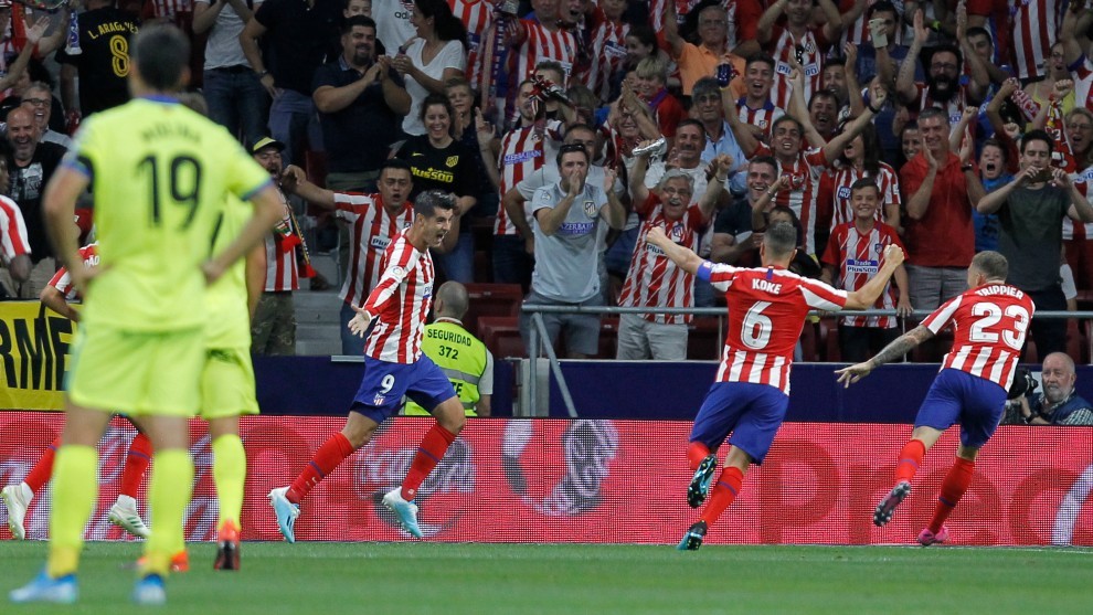Morata celebra el gol en el ltimo triunfo del Atltico al Getafe.