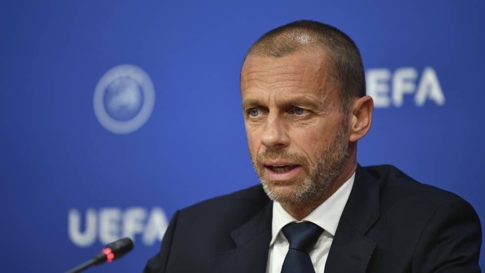 El presidente de la UEFA, Aleksander Ceferin, compareciendo en una...