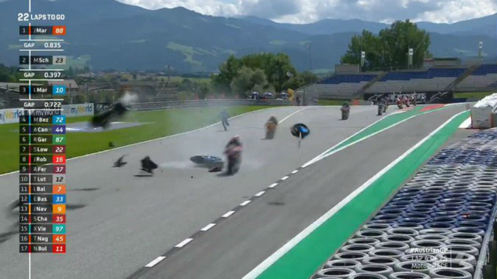 Escalofriante caída múltiple en Moto2: Syahrin chocó con la moto de Bastianini