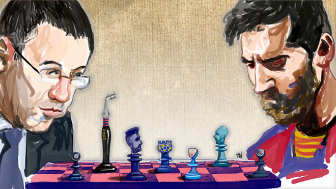 Messi and Bartomeu play out a chess match that only one can win