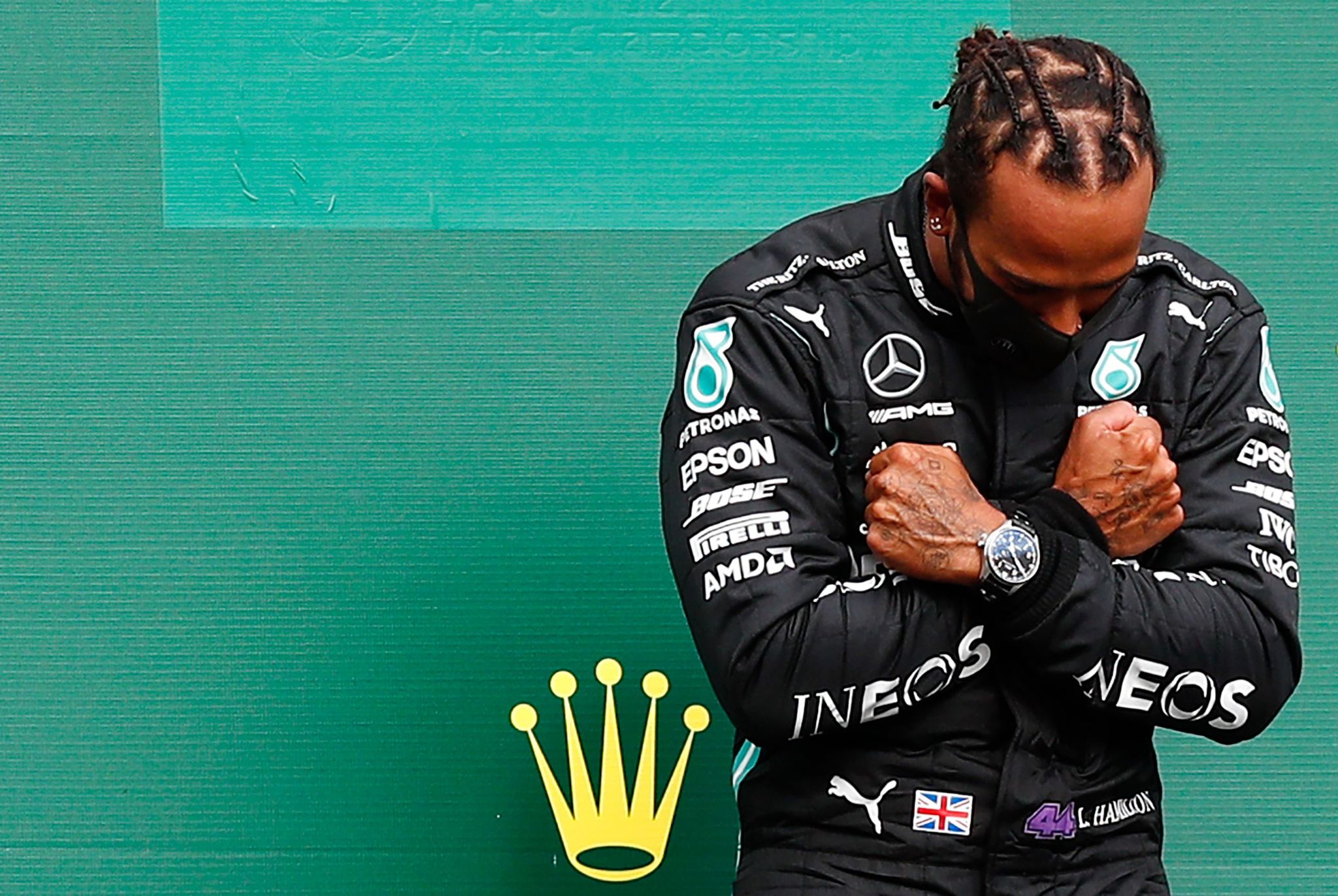 Mercedes British driver Lewis lt;HIT gt;Hamilton lt;/HIT gt; gestures on the podium after winning the Belgian Formula One Grand Prix at the Spa-Francorchamps circuit in Spa on August 30, 2020. (Photo by FRANCOIS LENOIR / POOL / AFP)