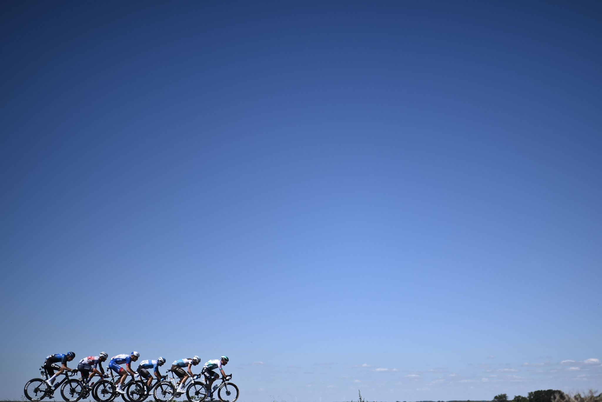 Escapees ride during the 11th stage of the 107th edition of the lt;HIT gt;Tour lt;/HIT gt; de France cycling race, 167 km between Chatelaillon Plage and Poitiers, on September 9, 2020. (Photo by Marco BERTORELLO / AFP)
