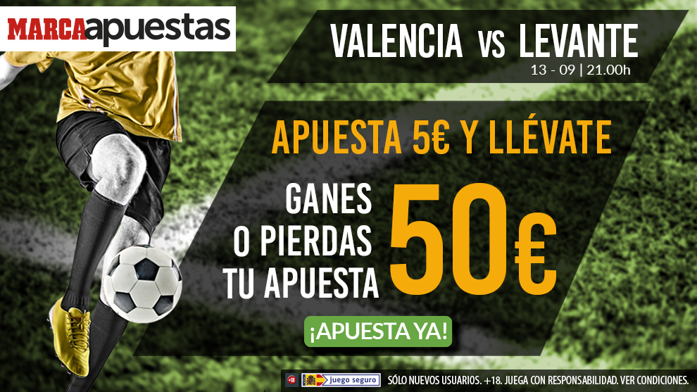 Apuestas 5 euros en el Valencia - Levante... ¡¡y llévate 50 euros ganes o pierdas!!