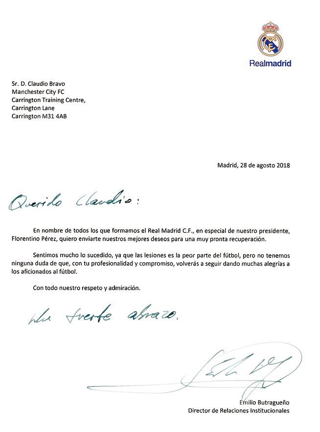 Carta del Real Madrid a Claudio Bravo