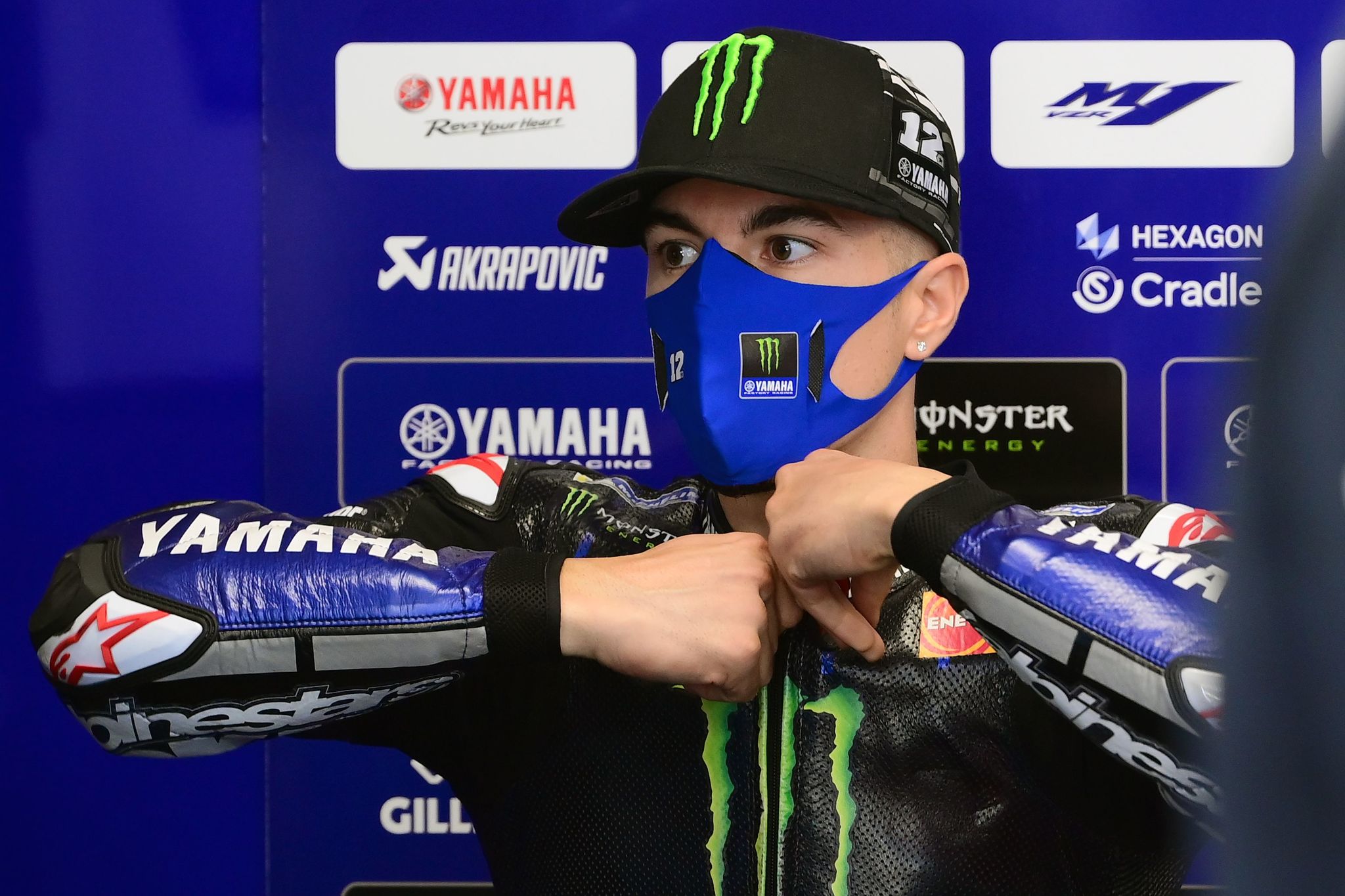 Monster Energy Yamaha's Spanish rider Maverick lt;HIT gt;Vinales lt;/HIT gt; gestures during the second MotoGP free practice session of the Moto Grand Prix de Catalunya at the Circuit de Catalunya on September 25, 2020 in Montmelo on the outskirts of Barcelona. (Photo by LLUIS GENE / AFP)
