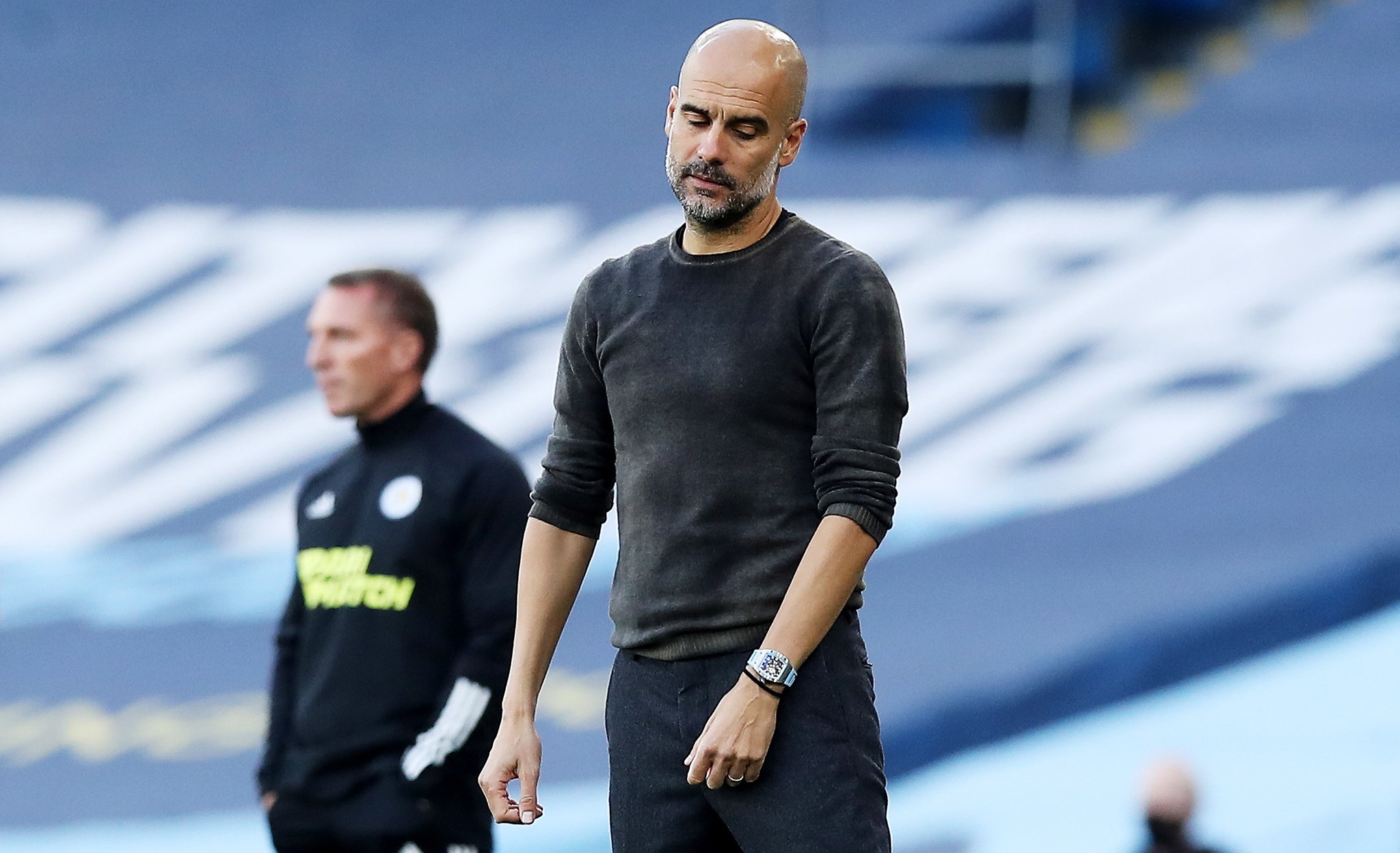 Manchester (United Kingdom), 27/09/2020.- Manchester City manager Pep lt;HIT gt;Guardiola lt;/HIT gt; during the English Premier League match between Manchester City and Leicester City in Manchester, Britain, 27 September 2020. (Reino Unido) EFE/EPA/Martin Rickett / POOL EDITORIAL USE ONLY. No use with unauthorized audio, video, data, fixture lists, club/league logos or 'live' services. Online in-match use limited to 120 images, no video emulation. No use in betting, games or single club/league/player publications