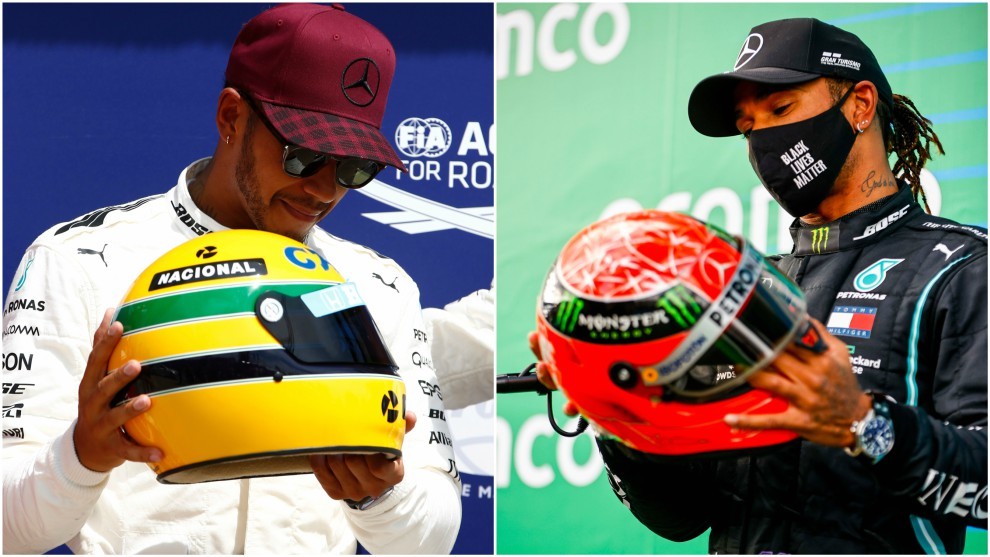 Hamilton, con los cascos de Senna y Schumacher.