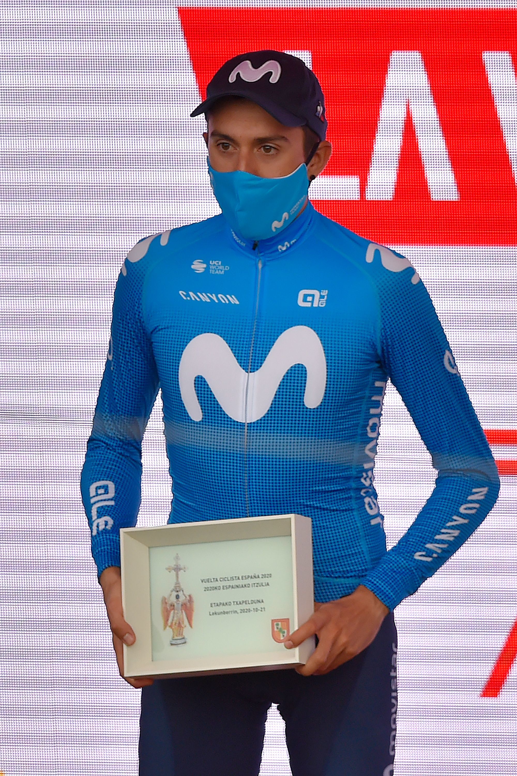 Team Movistar's Spanish rider lt;HIT gt;Marc lt;/HIT gt; lt;HIT gt;Soler lt;/HIT gt; celebrates on the podium after winning the 2nd stage of the 2020 La Vuelta cycling tour of Spain, a 151,6-km race from Pamplona to Lekunberri, on October 21, 2020. (Photo by ANDER GILLENEA / AFP)