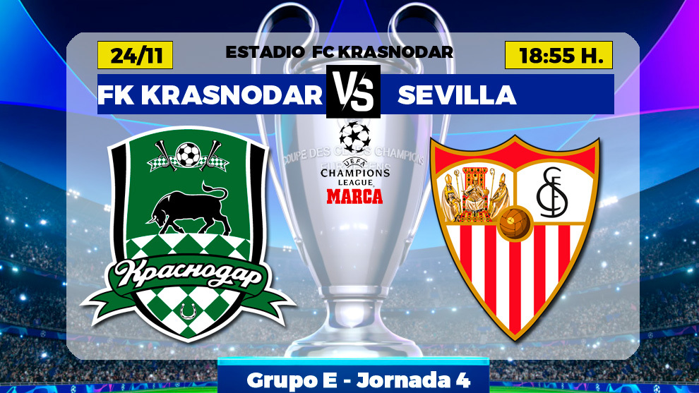 Krasnodar - Sevilla: horario, canal y donde ver hoy por TV el partido de la Liga de Campeones.