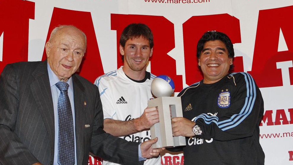 Di Stéfano, Messi y Maradona en un acto de MARCA en 2009