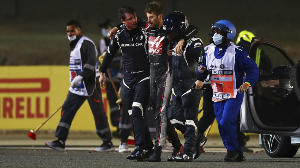 Grosjean, tras su espeluznante accidente.